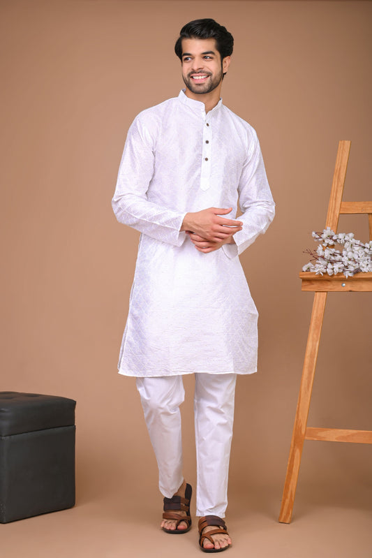 The White long Kurta with embroidery and sequins work