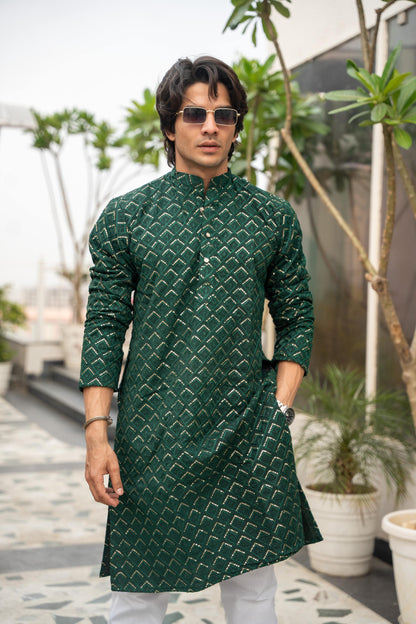 The Dark Green Long Kurta With Gemoetric Embroidery and sequins Work