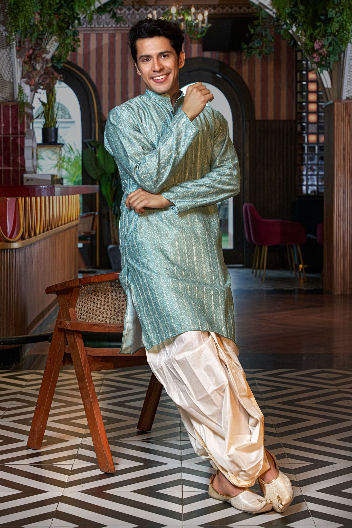 The Tiffany Blue Color Long Kurta with Golden Zari Stripe and Floral Print