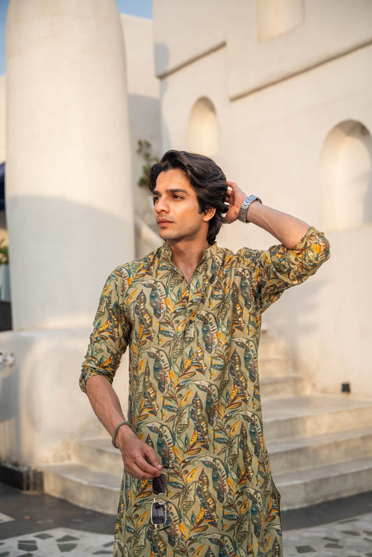 The Olive Green Long Kurta With All-Over Floral Foil Print