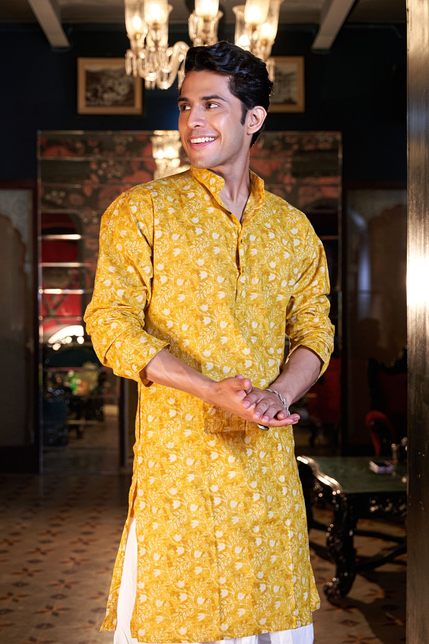 The Vivid Yellow Long Kurta With Batik Foil Print