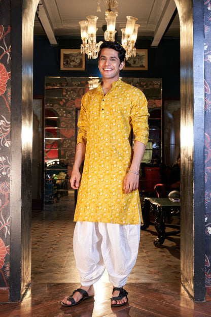 The Vivid Yellow Long Kurta With Batik Foil Print