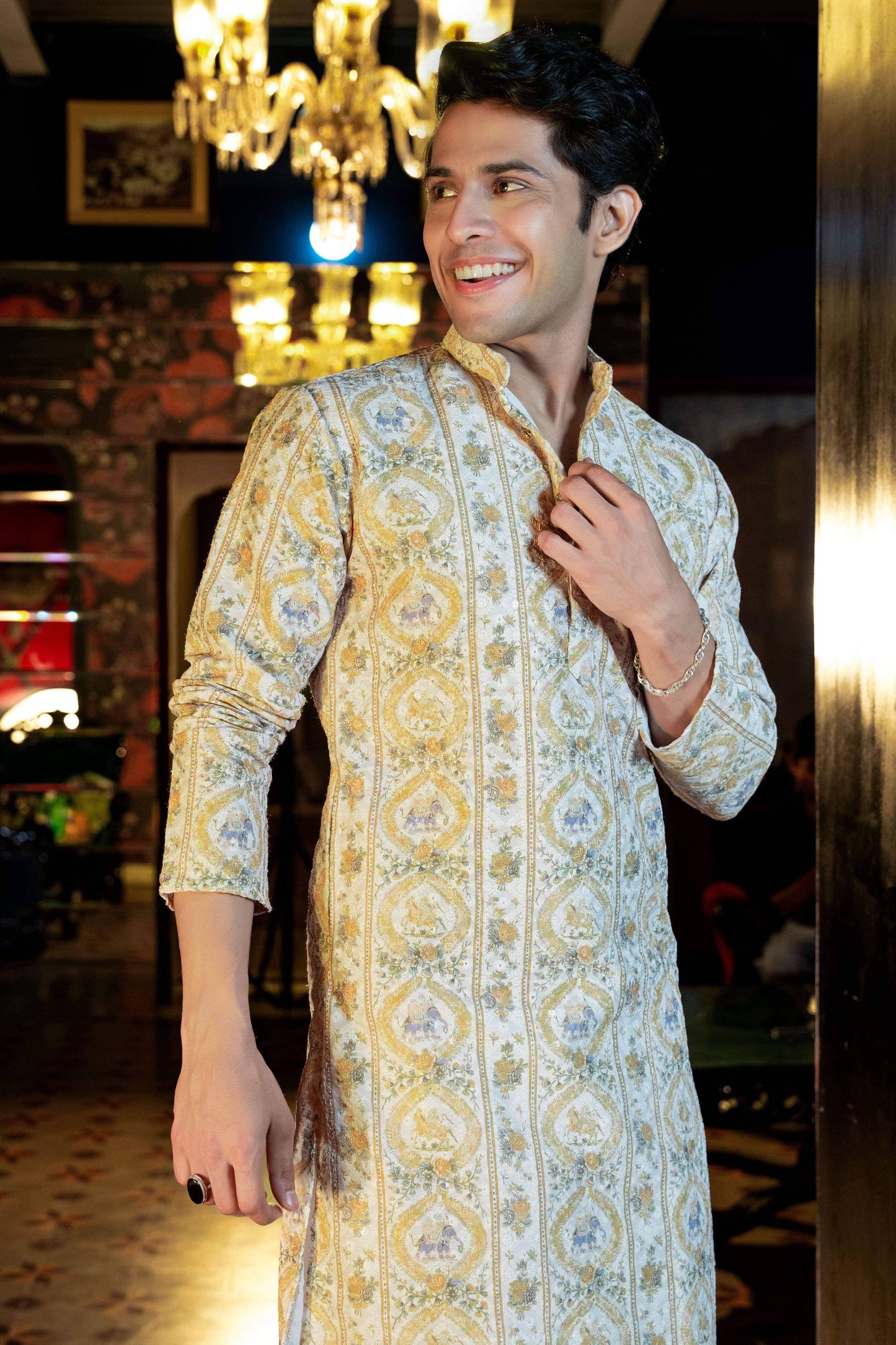 The Off White Embroidery Work Long Kurta with Light Yellow Traditional Print