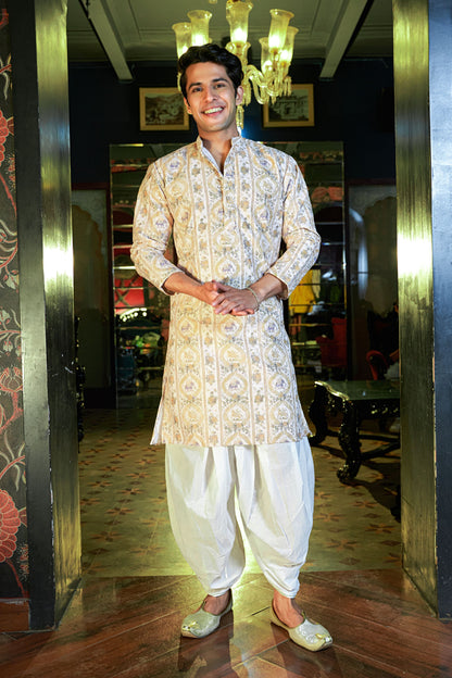 The Off White Embroidery Work Long Kurta with Light Yellow Traditional Print