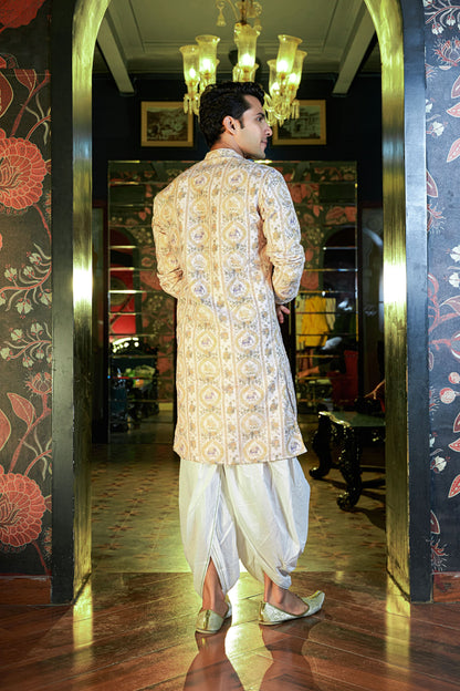 The Off White Embroidery Work Long Kurta with Light Yellow Traditional Print