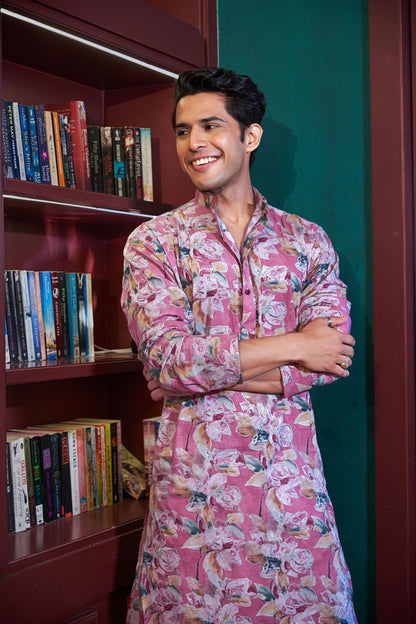 The Sea Pink Long Kurta with All-Over Floral Foil Print