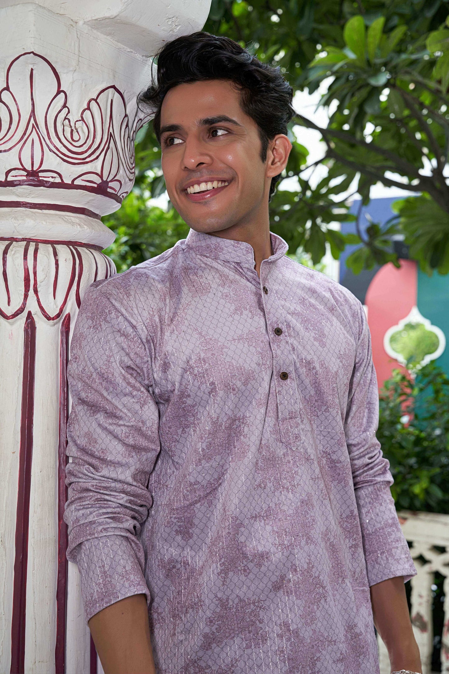 The Champagne Pink Velvet Long Kurta with Floral Print and Sequins Work