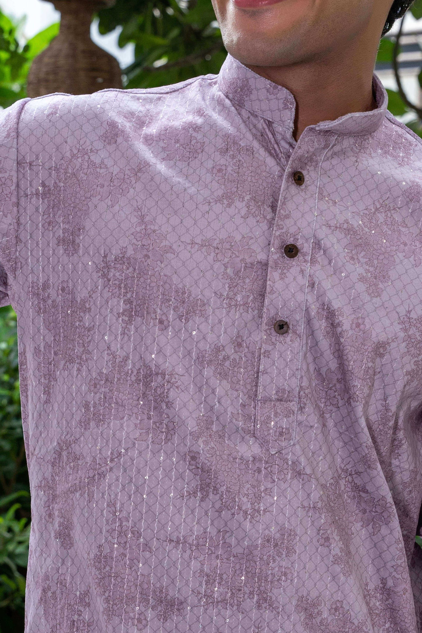 The Champagne Pink Velvet Long Kurta with Floral Print and Sequins Work