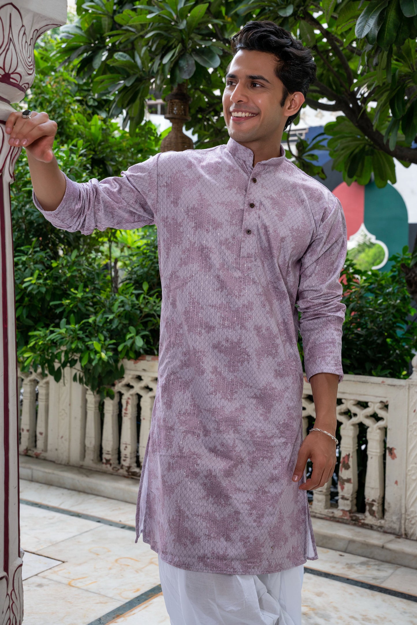 The Champagne Pink Velvet Long Kurta with Floral Print and Sequins Work