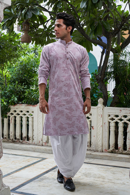 The Champagne Pink Velvet Long Kurta with Floral Print and Sequins Work