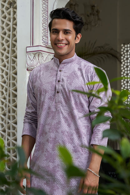 The Champagne Pink Velvet Long Kurta with Floral Print and Sequins Work