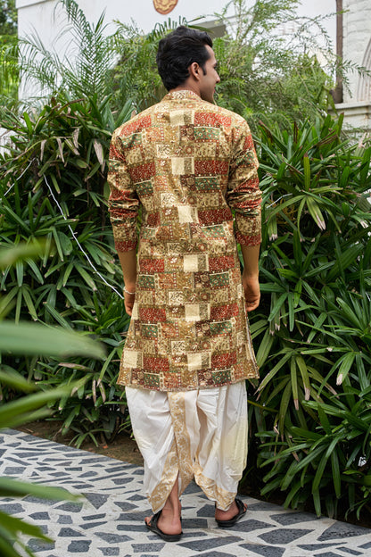 The Multicolor Velvet Long Kurta with Patchwork and Sequins Work