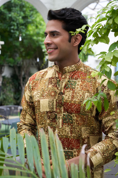 The Multicolor Velvet Long Kurta with Patchwork and Sequins Work