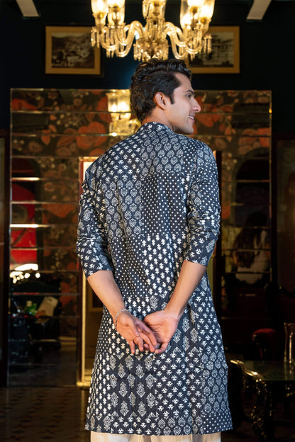 The Dark Blue Kantha Work Long Kurta With Multi Floral Prints