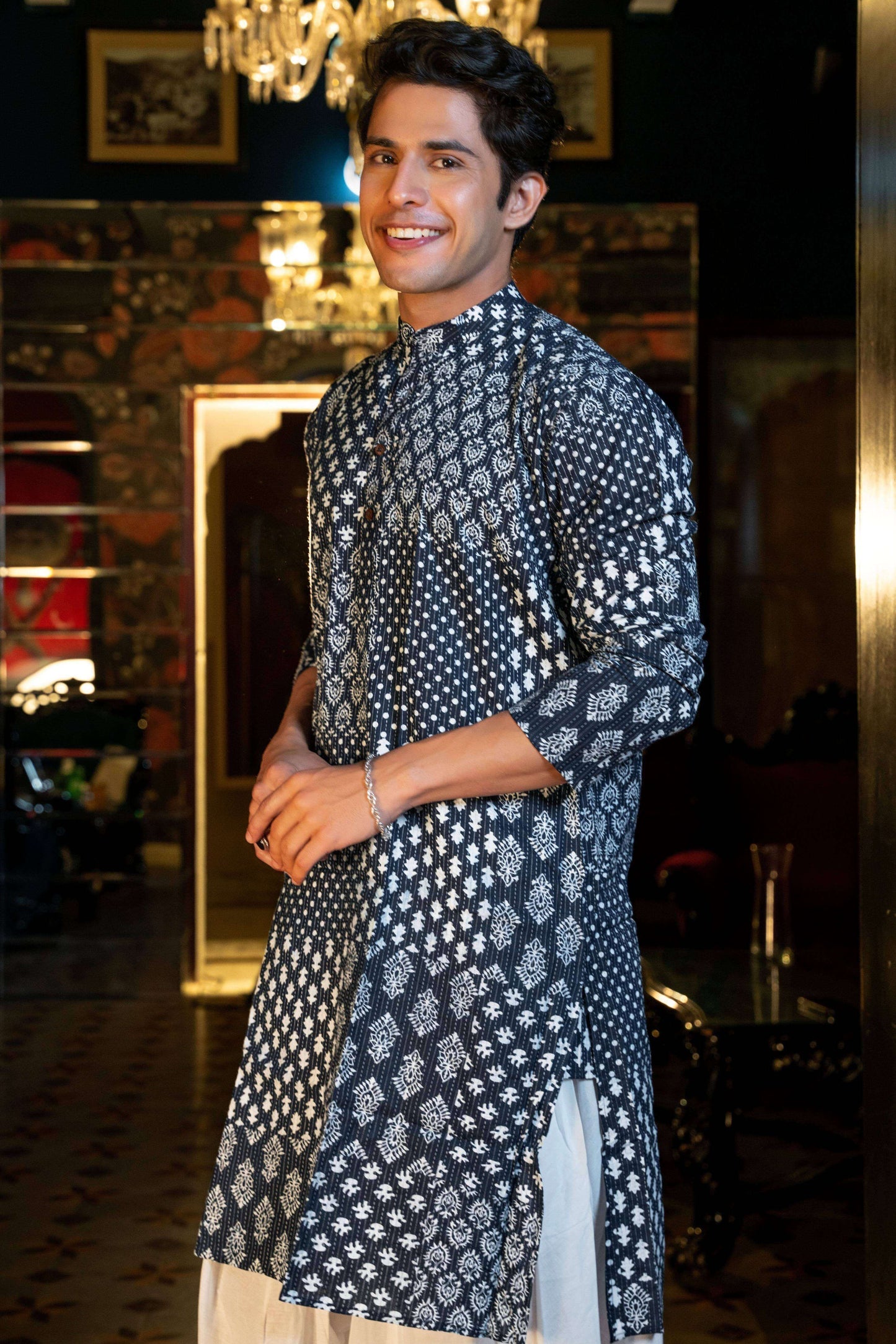 The Dark Blue Kantha Work Long Kurta With Multi Floral Prints