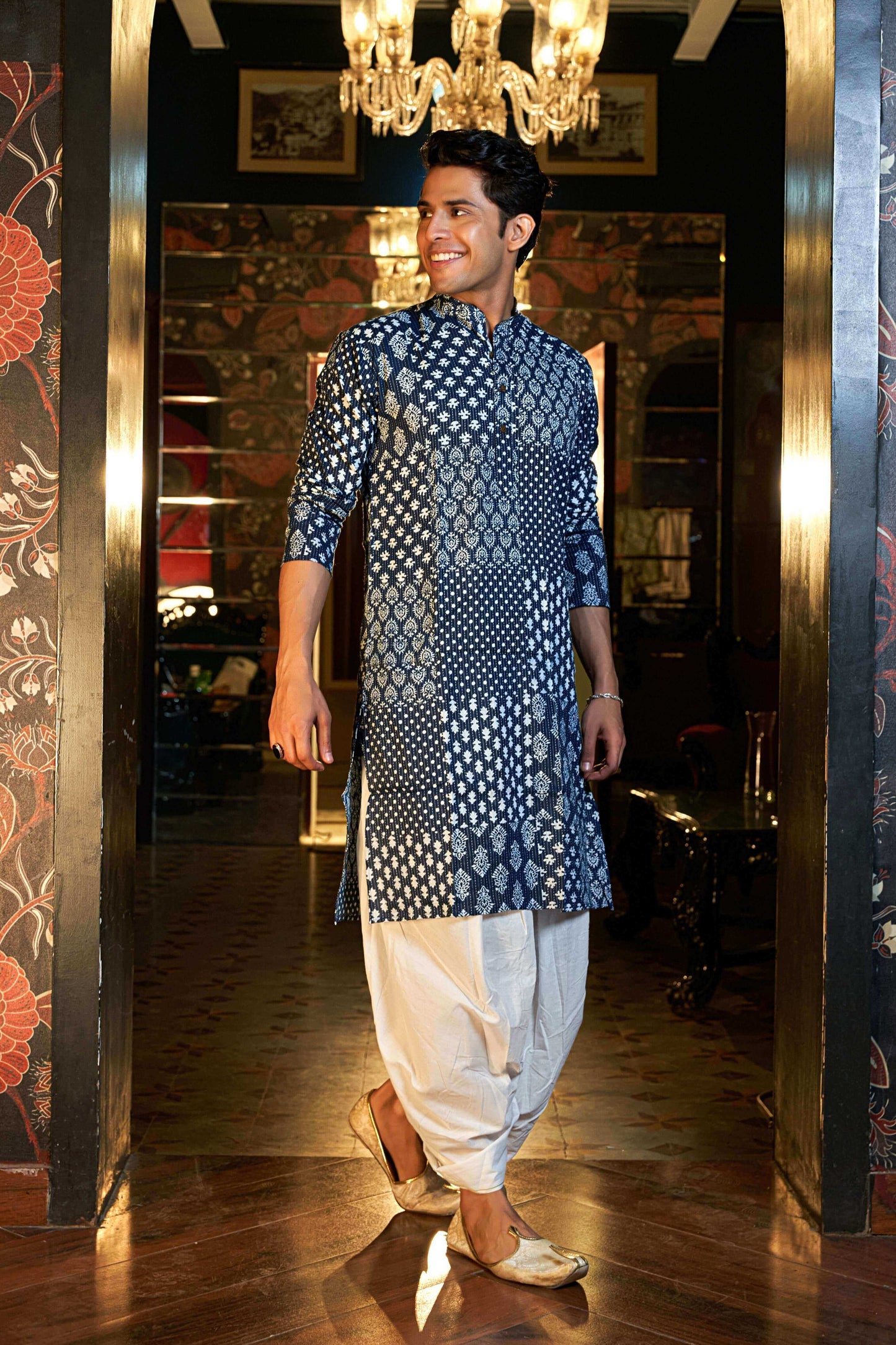 The Dark Blue Kantha Work Long Kurta With Multi Floral Prints