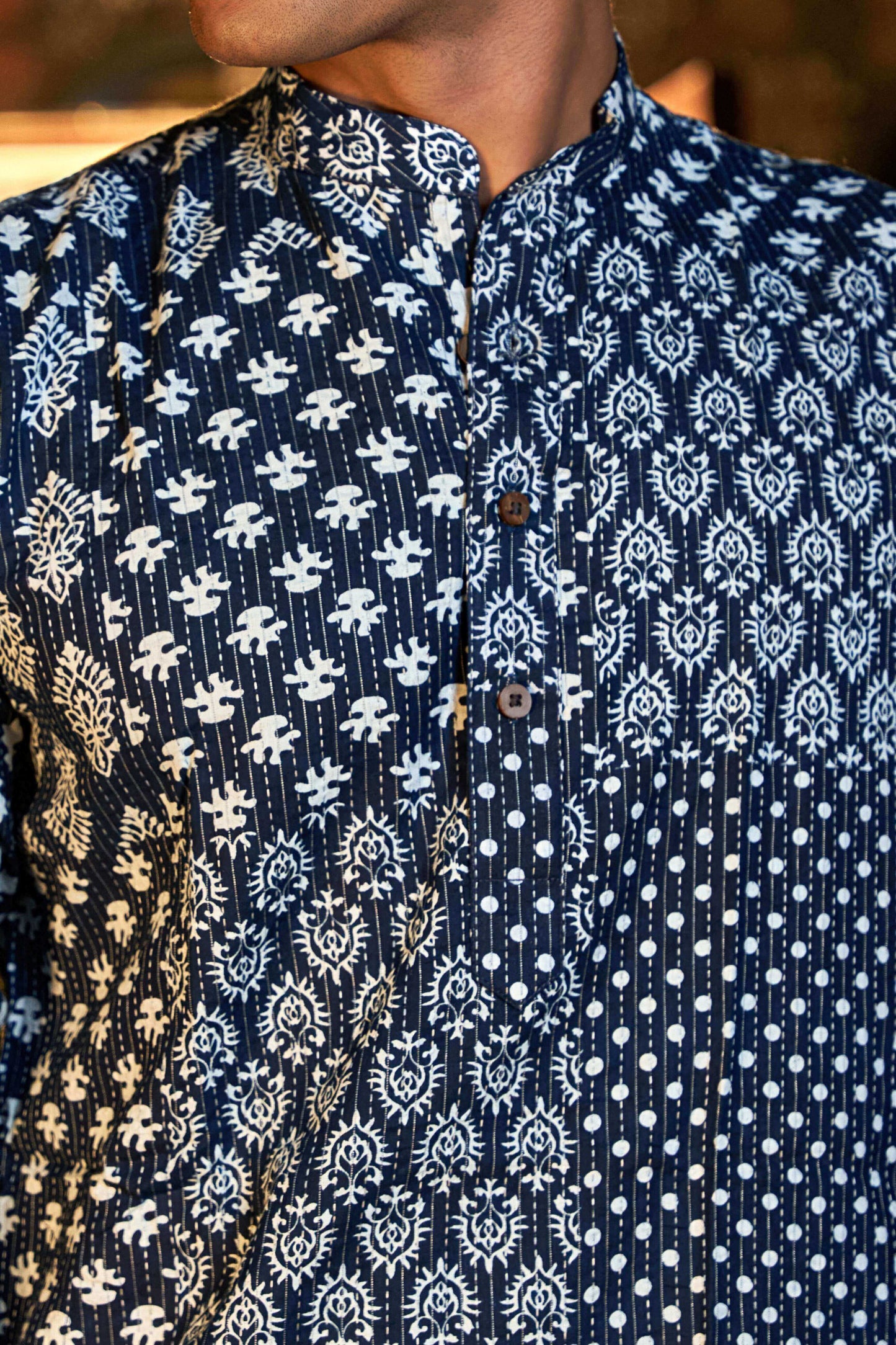 The Dark Blue Kantha Work Long Kurta With Multi Floral Prints