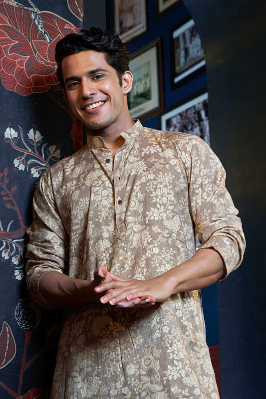 The Light Brown Color Foil Work Long Kurta With Botanical Print