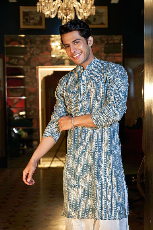 The White Kantha Work Long Kurta With Blue Floral Stripe Print