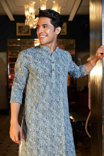 The White Kantha Work Long Kurta With Blue Floral Stripe Print