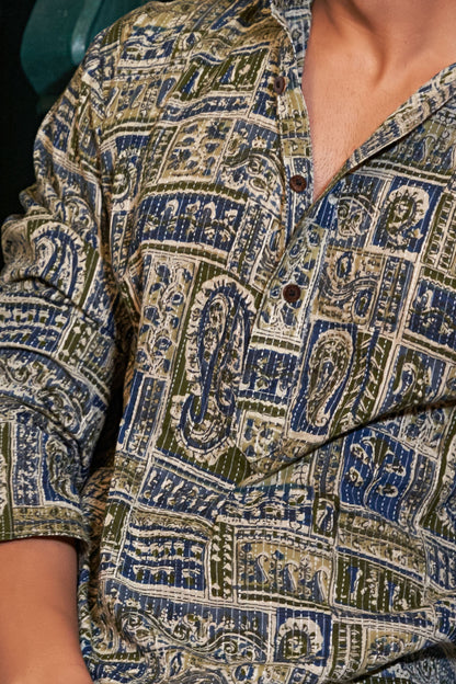 The Green and Blue Kantha Work Long Kurta With Patchwork