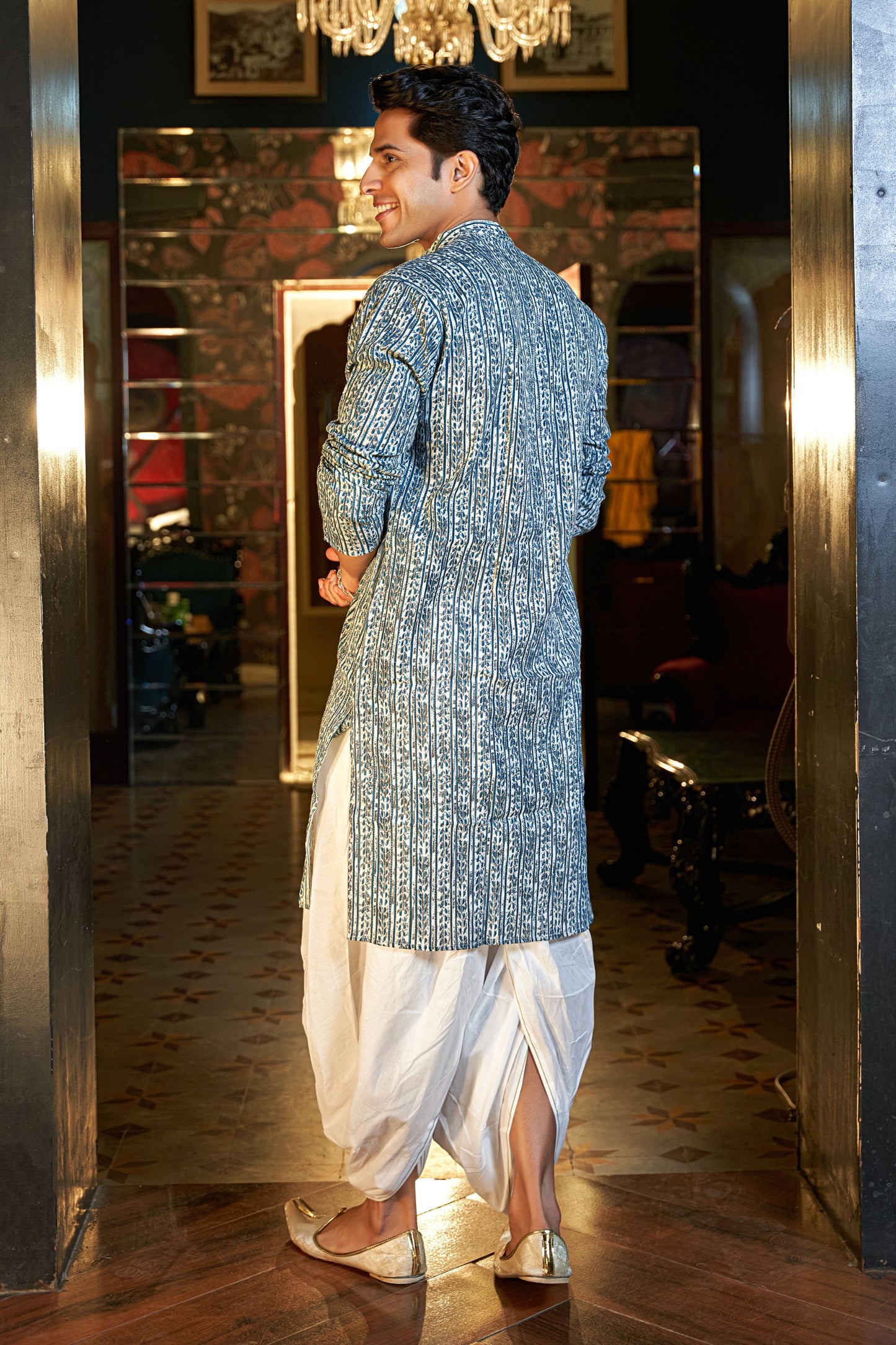 The White Kantha Work Long Kurta With Blue Floral Stripe Print