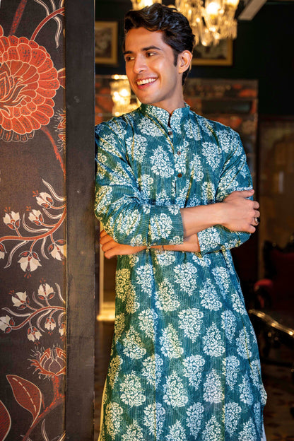 The Mineral Green Kantha Work Long Kurta With White Floral Print