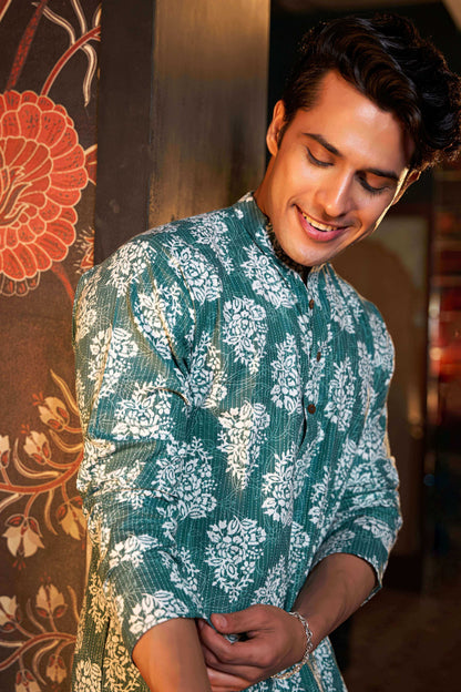 The Mineral Green Kantha Work Long Kurta With White Floral Print