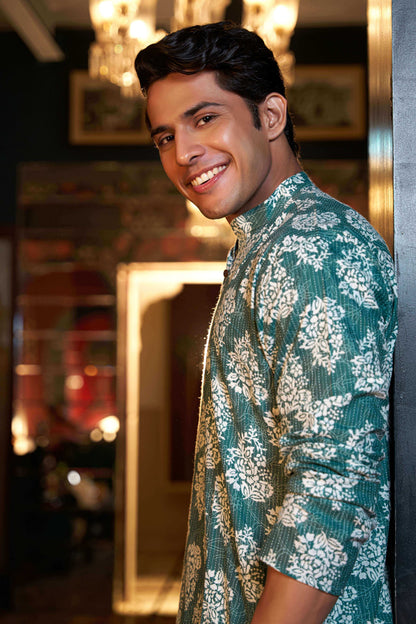 The Mineral Green Kantha Work Long Kurta With White Floral Print