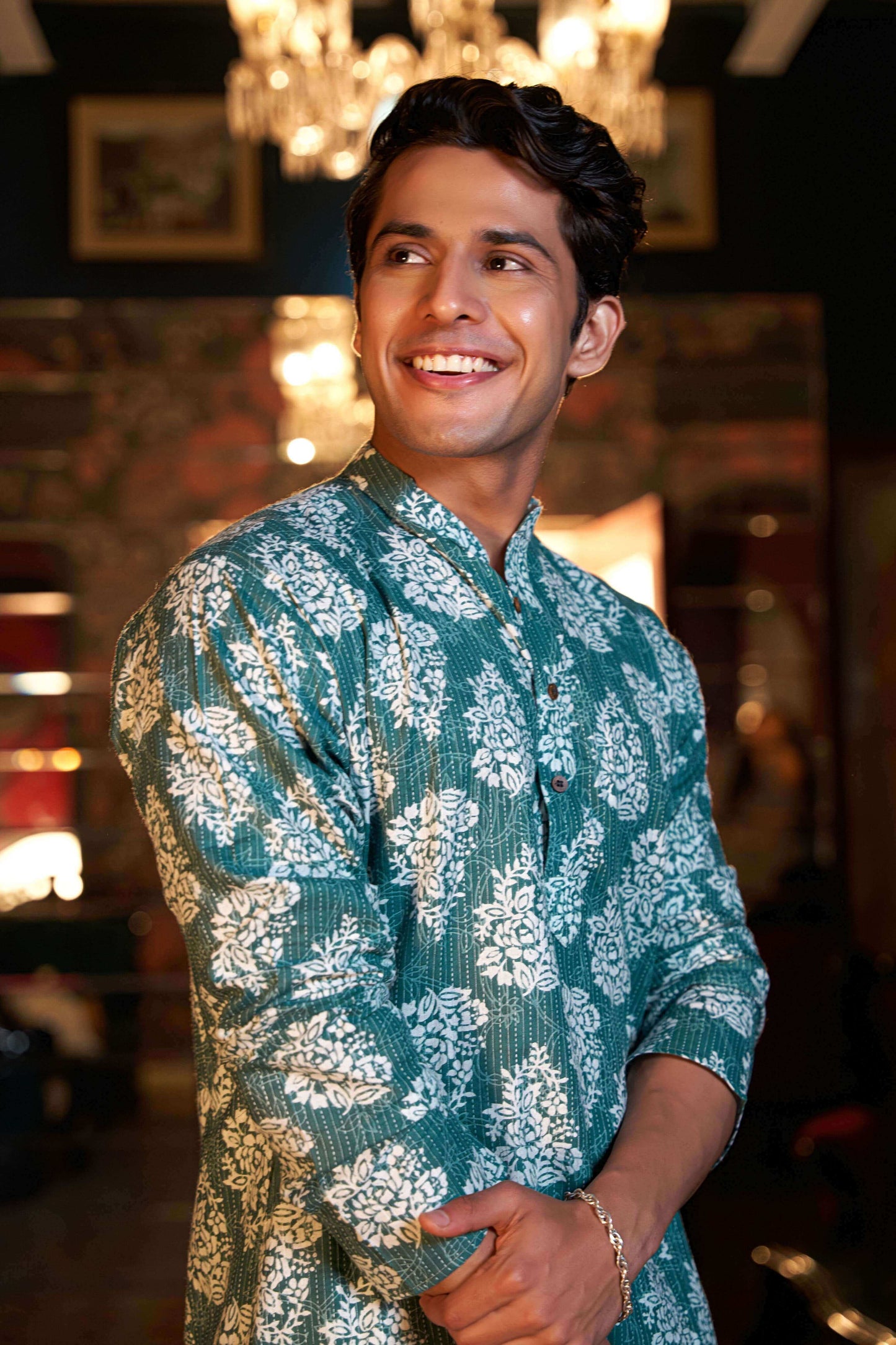 The Mineral Green Kantha Work Long Kurta With White Floral Print