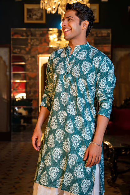 The Mineral Green Kantha Work Long Kurta With White Floral Print