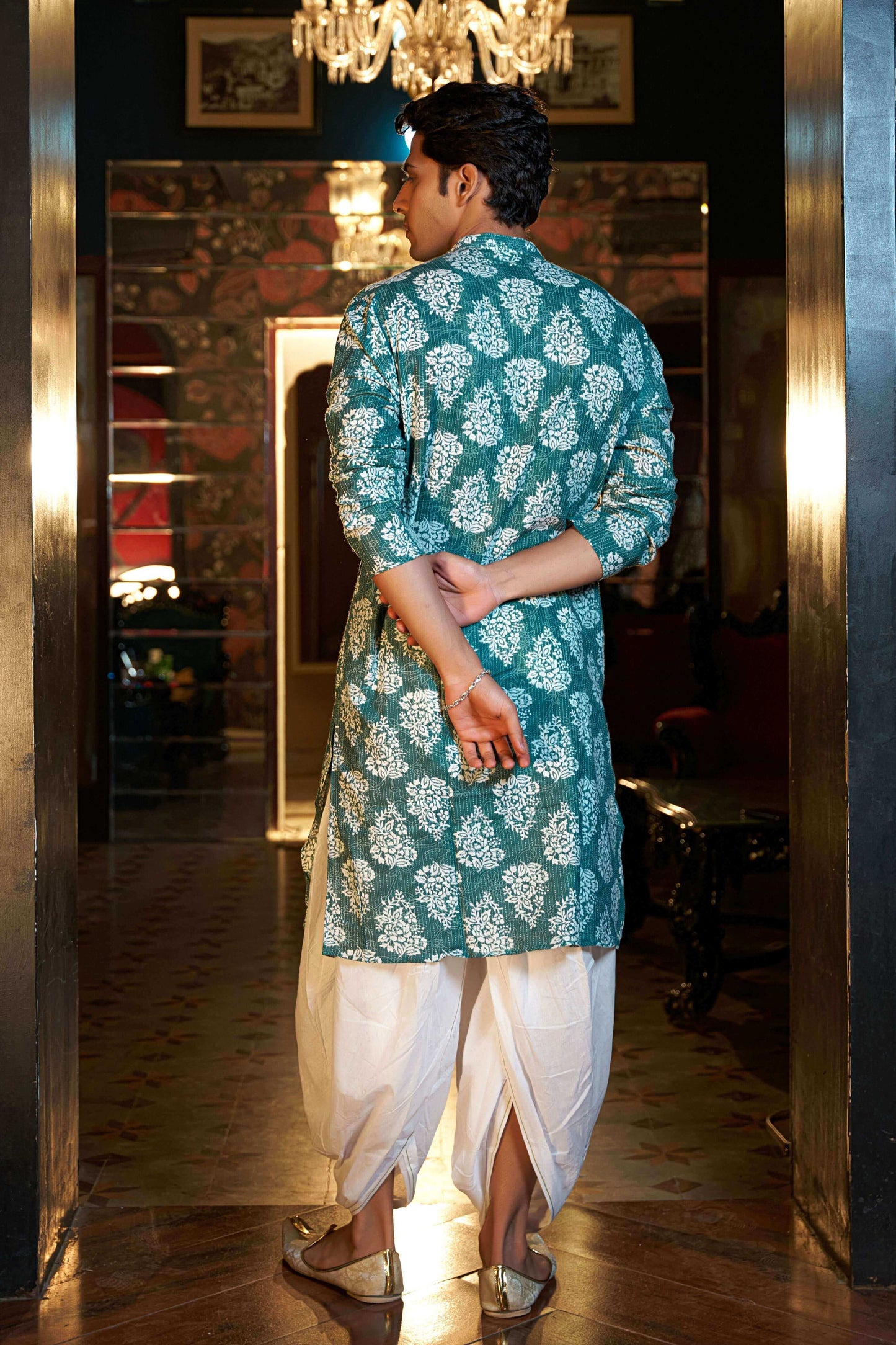 The Mineral Green Kantha Work Long Kurta With White Floral Print