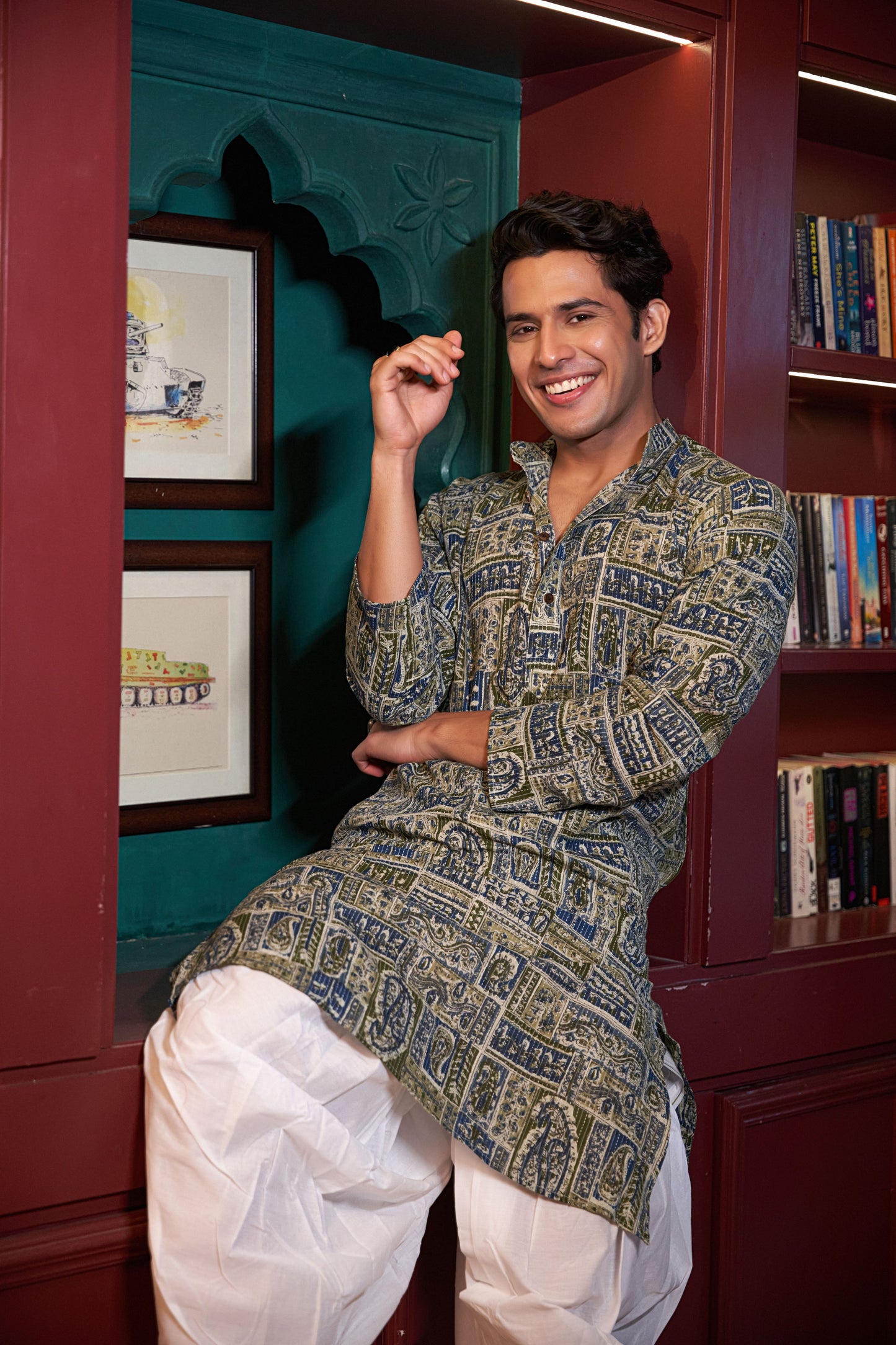 The Green and Blue Kantha Work Long Kurta With Patchwork