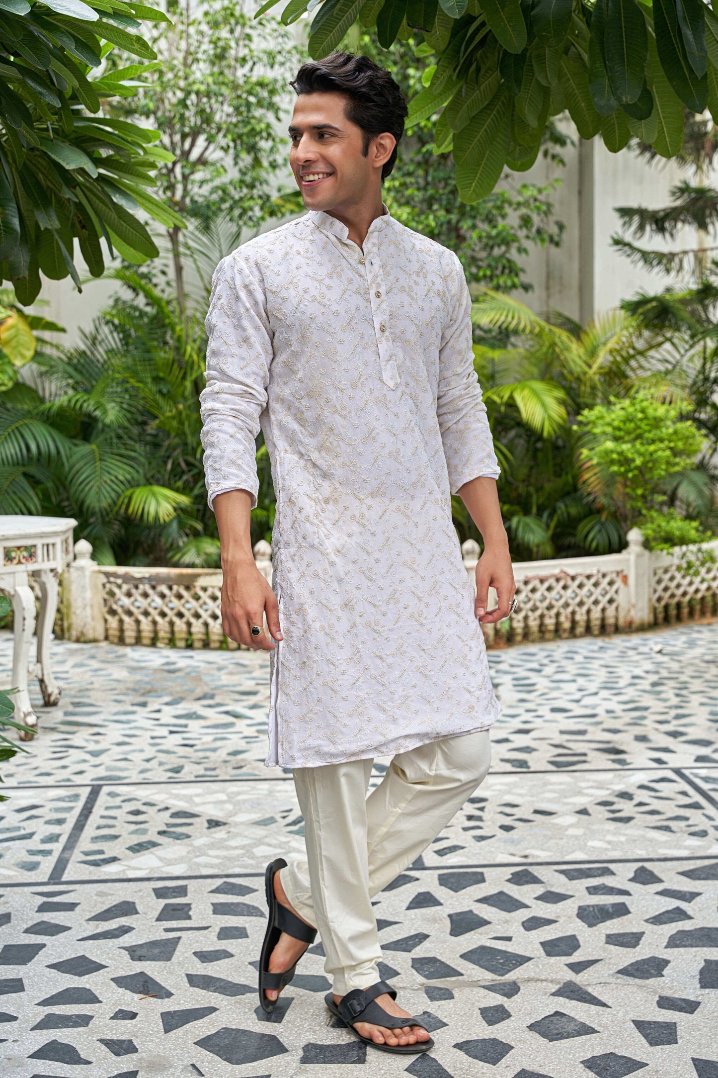 The White Long Kurta With Golden Zari Work