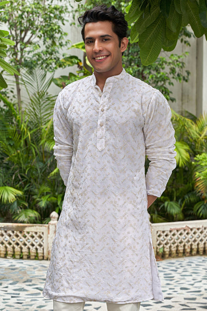 The White Long Kurta With Golden Zari Work