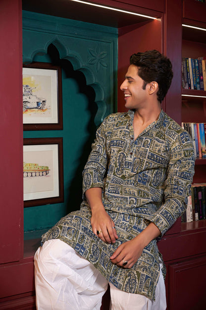 The Green and Blue Kantha Work Long Kurta With Patchwork