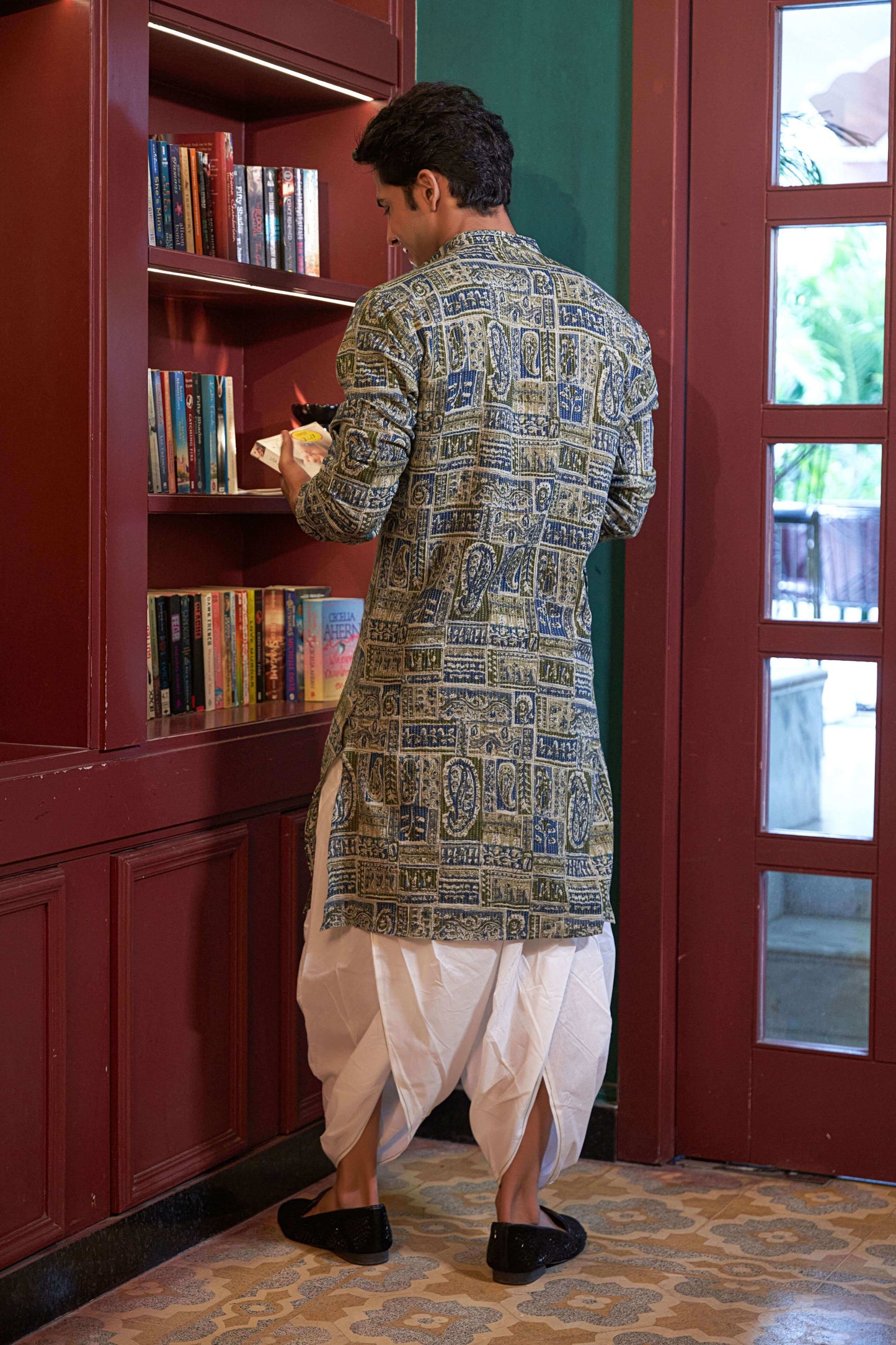 The Green and Blue Kantha Work Long Kurta With Patchwork