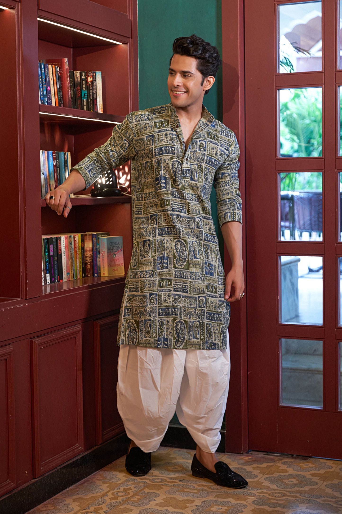 The Green and Blue Kantha Work Long Kurta With Patchwork