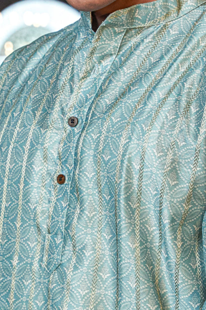 The Tiffany Blue Color Long Kurta with Golden Zari Stripe and Floral Print