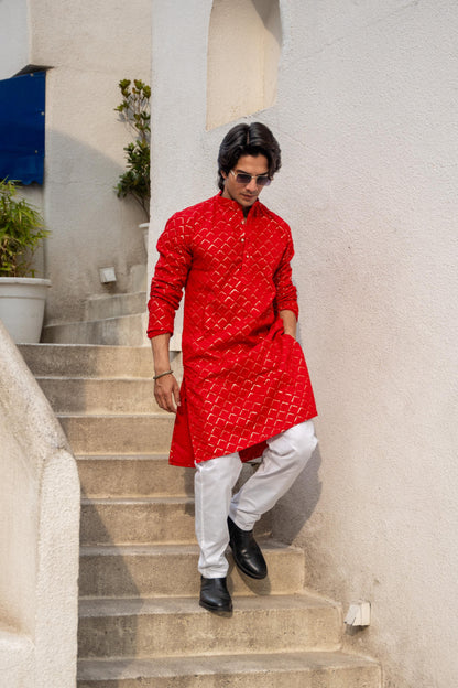 The Red Long Kurta With Gemoetric Embroidery and Sequins Work