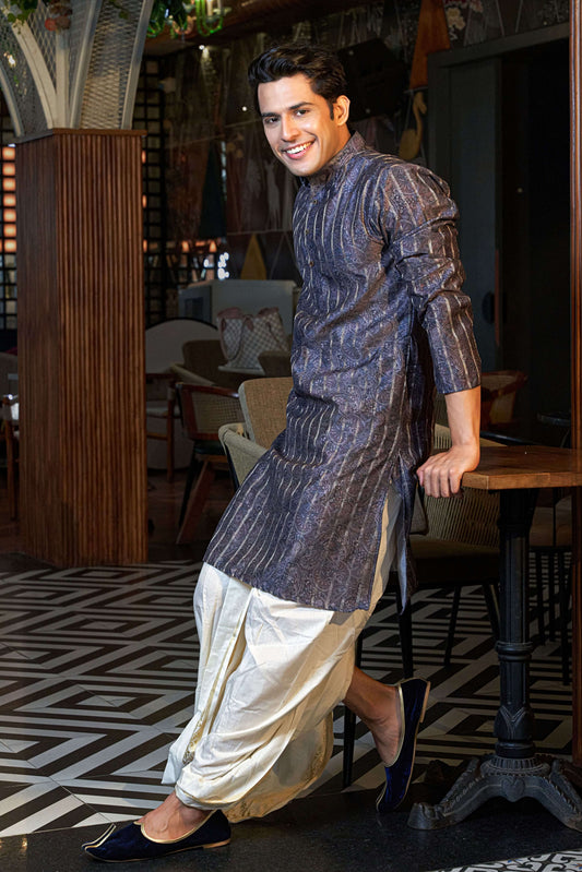 The Plum Purple Color Long Kurta with Golden Zari Stripe and Paisley Print