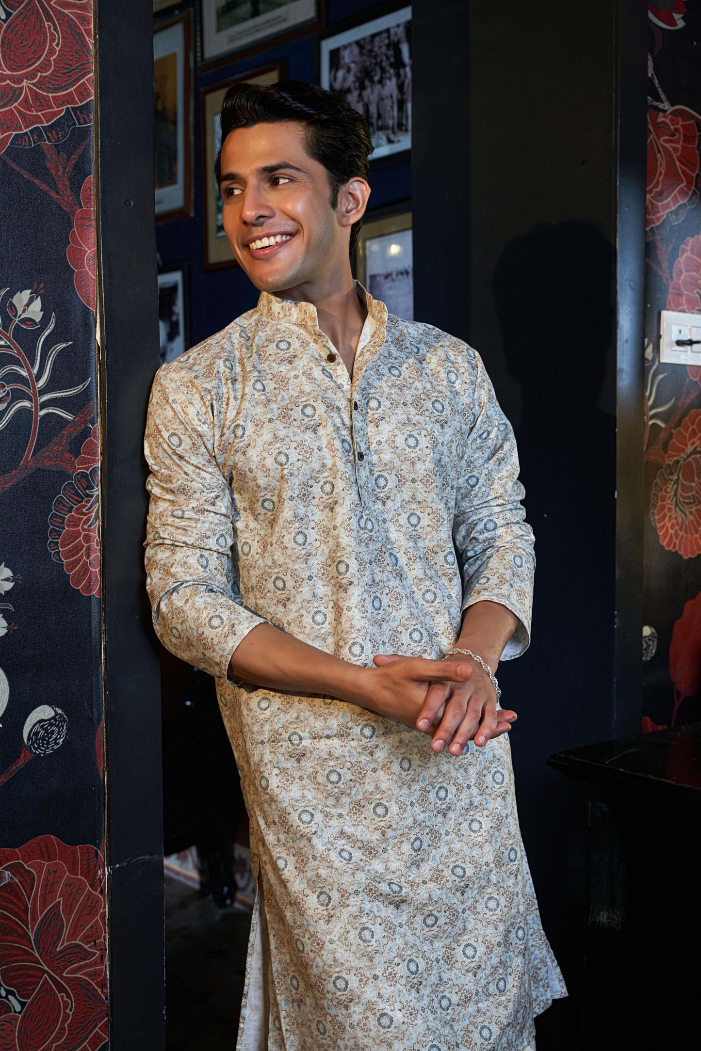 The Mangolia White Long Kurta With Floral Motif Gold Print