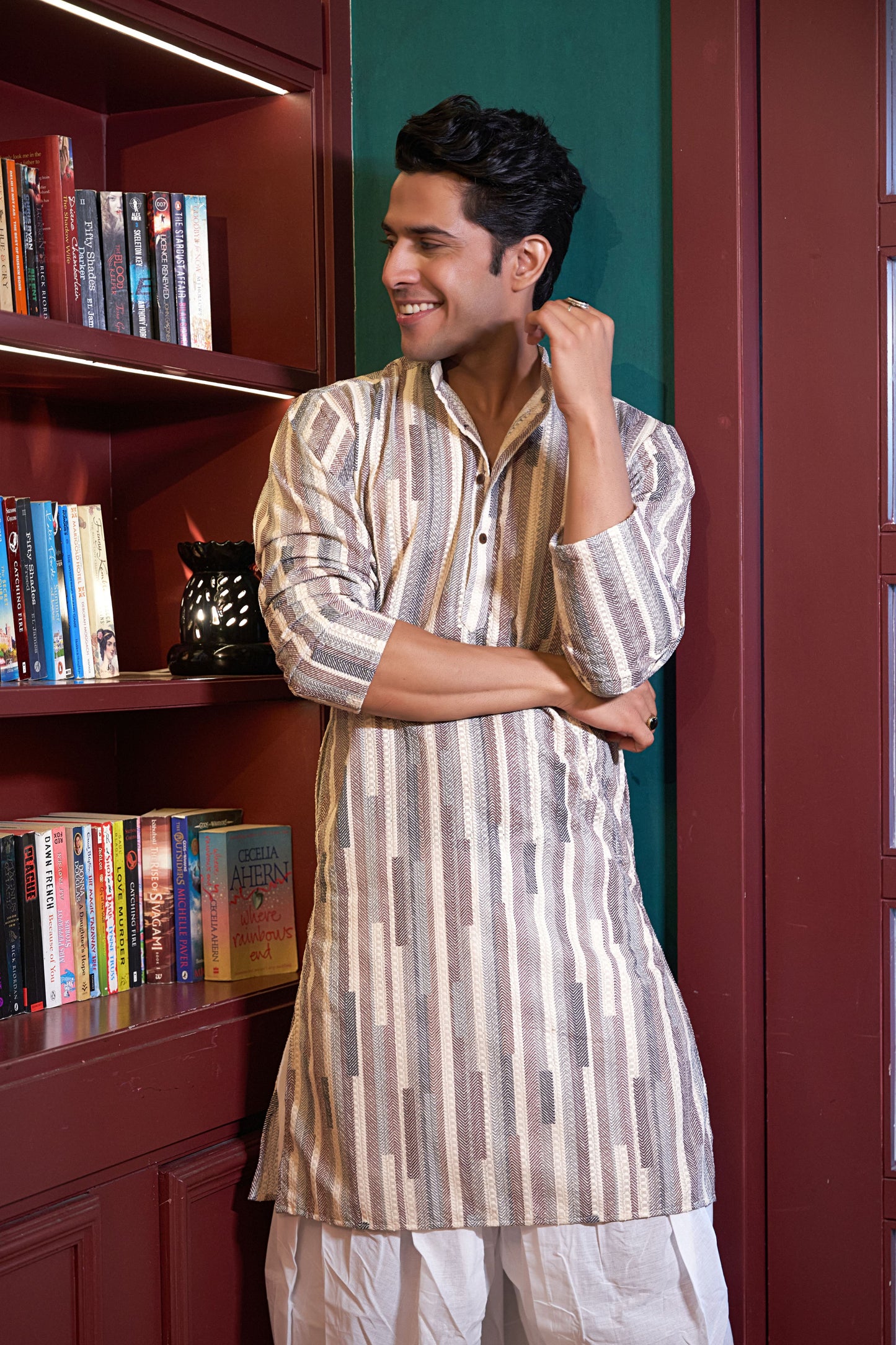 The Abstract Colorful Stripe Thread Self Work Long Kurta