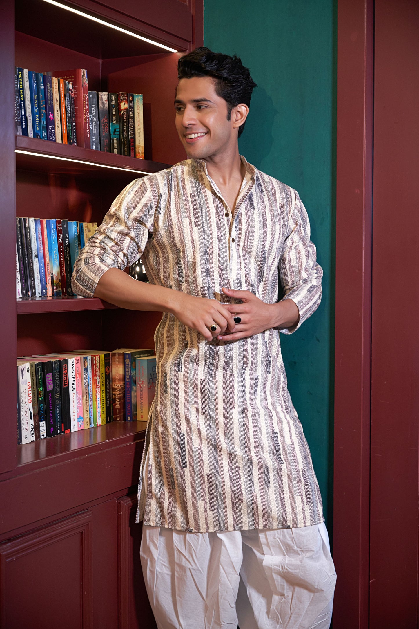 The Abstract Colorful Stripe Thread Self Work Long Kurta