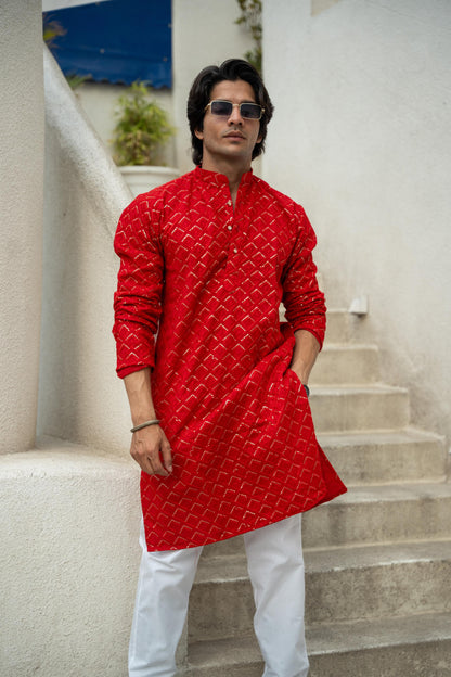 The Red Long Kurta With Gemoetric Embroidery and Sequins Work