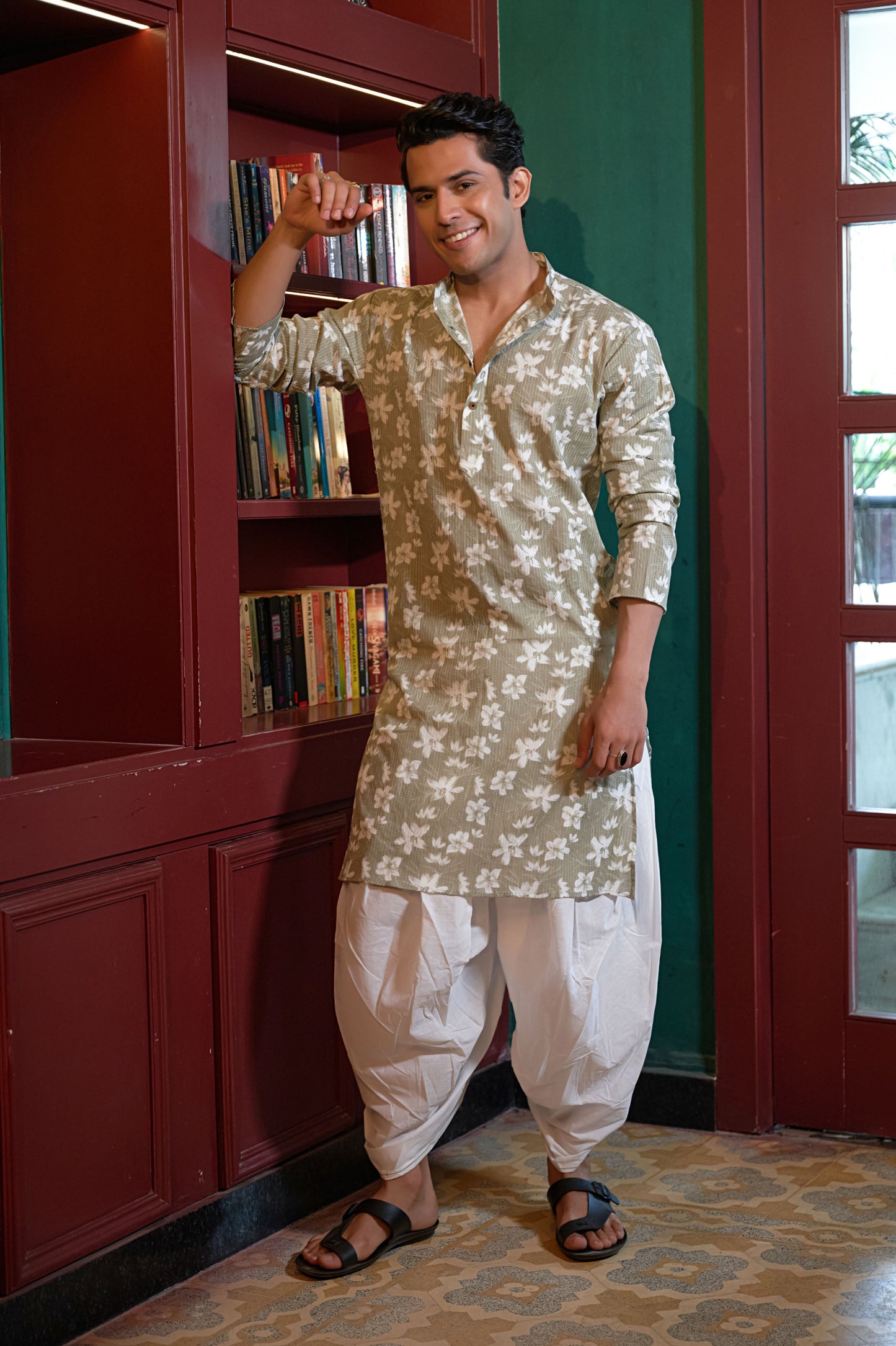 The Spring Green Kantha Work Long Kurta With White Floral Print