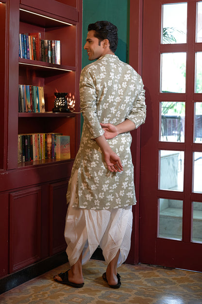 The Spring Green Kantha Work Long Kurta With White Floral Print