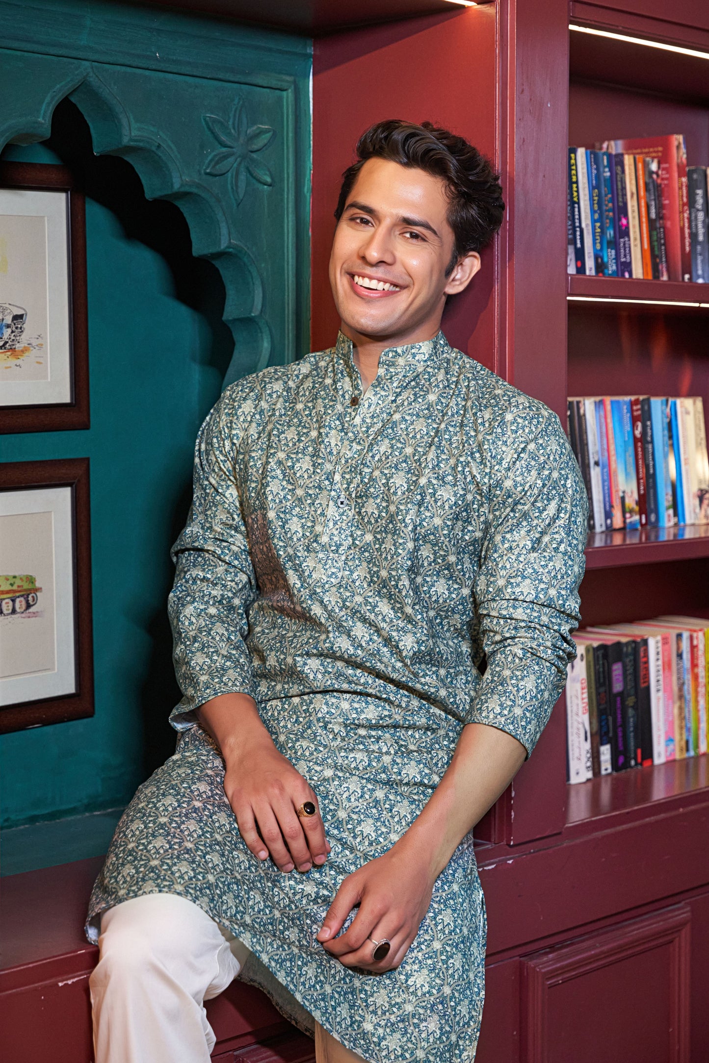 The Blue and Golden Foil Work Long Kurta with Pursian Print