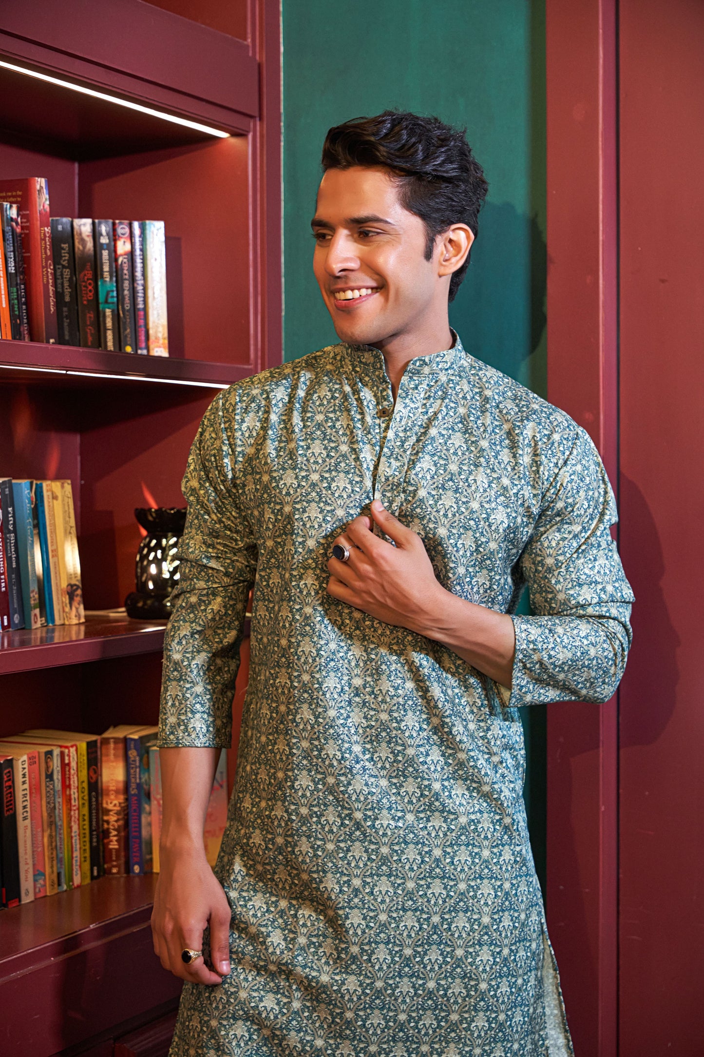 The Blue and Golden Foil Work Long Kurta with Pursian Print