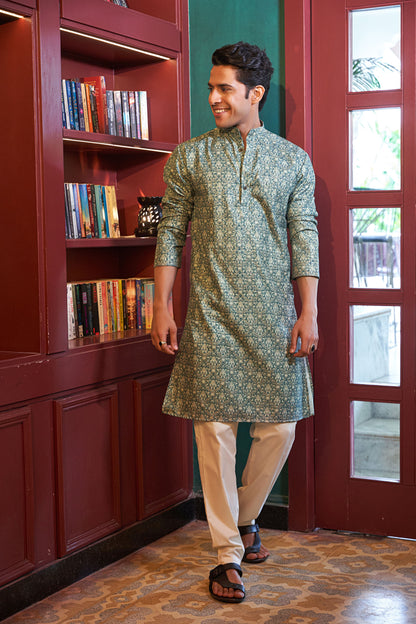 The Blue and Golden Foil Work Long Kurta with Pursian Print